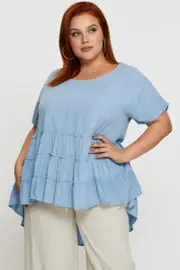 Blue Peplum Top Dusty Short Sleeve Tie