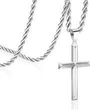 [Cameido] 925 Sterling Silver Cross Necklace for Men Stainless Steel Clasp Rope Chain Necklace Beveled Edge Cross Pendant Necklace for Men Women 16-28 Inches