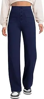 [Oyamiki] Wide Leg Stretch Work Trousers for Women Button Lounge Pants with 4 Pockets Elasticated Waist, Navy Blue, XL