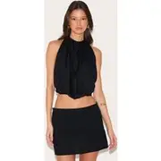 Black Linen Blend Highneck Backless Puffball Top, Black