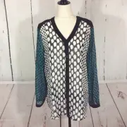 Chico's Size 3 Women's Blouse Sheer Black Blocked Dots Long Sleeves XL NEW $89