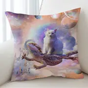 Cool White Cat Riding a Dragon Lizard in Space Cushion Cover