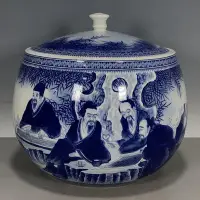 在飛比找Yahoo!奇摩拍賣優惠-官窯創匯時期7501瓷青花竹林七賢圖 內畫嬰戲圖茶餅缸茶葉罐