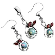 Premium Ethiopian opal & Garnet 925 Silver Pendant Earrings Jewelry Set T-1013
