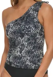 Dkny Women's Snake-Print One-Shoulder Tankini Swim Top, Black/White, Medium