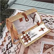 Wicker Picnic Basket Set for 4 Persons,Wicker Cylinder Basket with Lid,Outdoor Picnic Camping Portable Picnic Basket,with Tableware Set,Picnic Accessories