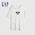 GAP 男女同款 LOGO/印花短袖帽T 碳素軟磨法式圈織系列-灰白色(809004)