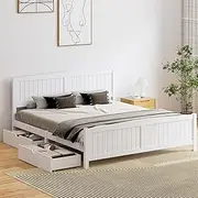 Oikiture King Bed Frame with 2 Drawers Pine Wood Bed Frame Platform Bed with Headboards and Footboards, White