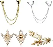 [YouU] TFYU 4 Pcs Deer Head Double Link Chains, Gold Stud, Retro Hollow Pattern and Angle Triangle Tassels Collar Pins Brooch Clip Pin Brooches Shirt Collar Decoration Parts with Free Box, Silver