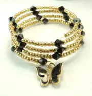 Memory Wire & Gold Seed Beads Black Crystal Bicones Butterfly Bracelet