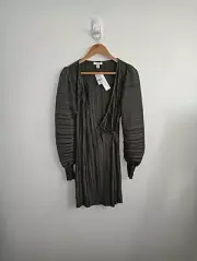 TOPSHOP Size 12 Long Balloon Sleeve Black Mini Dress Crinkle Faux Wrap NEW BNWT