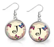 Butterflies Initial Glass Top Dangle Earrings Handcrafted Gift PIck Letter(s)