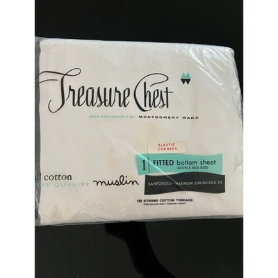 Vintage Treasure Chest Montgomery Ward Double Bed Fitted Sheet Muslin NOS