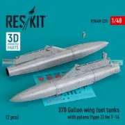 1/48 ResKit #480225 370 Gal Wing Fuel Tanks With Pylons Type 2 For F-16