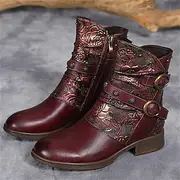 Women's Vintage Floral Embossed Leather Ankle Boots – Stylish Burgundy Buckle Strap Design for Fall Winter Casual Wear