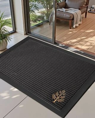 LUMI Front Door Mat, 24"x36" Trap Dirt Non-Slip Rubber Doormat, Heavy Duty Sp...