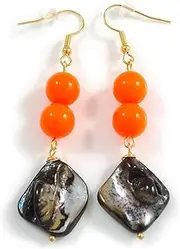 [Avalaya] Orange Acrylic and Black Shell Bead Long Dangle Women's Earrings in Gold Tone - 65mm Drop, One Size, Plastic sea shell