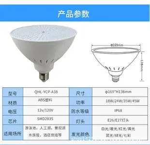 12v低壓E27酒店泳池燈 120v無線遙控45w七彩PAR38水下燈