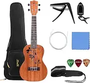 23 Inch Concert Ukulele Kit 4 String Acoustic Beginner Hawai Ukelele Uke Wood Pattern Carved Top Engineered Wood Fingerboard Bridge with Gig Bag Tuner Uke Strap Picks Cleaning Cloth Silver Plywood