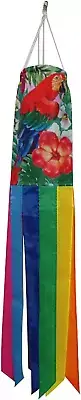 40-Inch Vibrant Red Parrot and Red Hibiscus Flower Windsock with Rainbow Colors