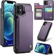 [ELEPIK] for iPhone 12 Case with Card Holder, Kickstand [4 Card/Cash Holder] [for Women & Men] [Durable PU Leather] Magnetic Wallet Phone Cover for iPhone 12, Fashion Purple.