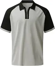 [Zylphorix] Men's Quarter Zipper Casual Polo Shirts Loose Contrast Raglan Sleeves T-Shirt Summer Cozy Sport Exercise Pullovers, Grey, Medium