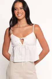 [PUP8] Rayma Tie Front Linen Top - White XS White