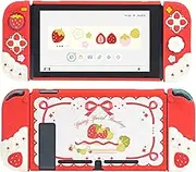 GeekShare Protective Case for Switch Slim Cover Case Compatible with Switch Separable Soft Silicone Protective Shell for Game Console with 2 Thumb Grip Caps - Spring Special Strawberry