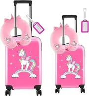 [Sanwuta] 6 Pcs Kids Luggage Set Kids Rolling Suitcases for Girls, Pink, 18", 20", Unicorn