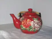 PIER 1 IMPORTS ORANGE WHITE PEONY FLORAL RED TEAPOT W/ BAMBOO HANDLE