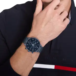 TOMMY HILFIGER / 簡約三眼 休閒 星期日期 米蘭編織不鏽鋼手錶 鍍藍 / 1791990 / 44mm