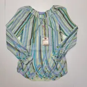 ROBERT GRAHAM HARLEY Women's Petite Blue Green Brown Striped Shirt 100% Cotton