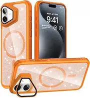 Jarttarn Case for iPhone 16 (2024),Glitter Ultra-Thin Phone Case with Full Wrap-Around Lens Protection Stand,Compatible with Car Mount & Wireless Charging,Anti-Fall Protective Back Cover (Orange)
