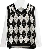 [Lailezou] Women's V Neck Knit Sweater Vest Argyle Plaid Preppy Style Sleeveless Crop Knitwear Tank