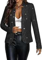 [Haoohu] Women’s Sequin Short Jackets Long Sleeve Open Front Coat Glitter Blazer Casual Coat Party Clubwear