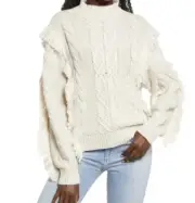 NWT Leith Womens CABLE KNIT FRINGE SWEATER Beige Oatmeal Size XS