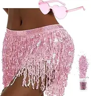 [QUANMAITONG] Sequin Skirt Women's Belly Dance Hip Scarf, Glitter Skirt Women for Halloween Carnival Tassel Skirt, Glitter Skirt Belly Dance Costume Women and Girls
