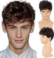 Mens Curly Wigs Dack Brown Short Wig Short Curly Fluffy Synthetic Wigs with Bangs Daily Full Wig for Male Guy