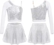[iEFiEL] Kids Girls Sparkly Crop Top Camisole Tutu Skirt Cheerleading Dance Outfits Set Ballroom Team Uniform