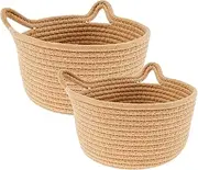 2 Pcs Woven Storage Basket Set, Cotton Rope Woven Basket for Organizing Cute Storage Baskets for Living Room Bedroom Dining Room Nursery (Original Color 1)