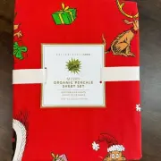 POTTERY BARN TEEN MERRY GRINCHMAS COTTON PERCALE SHEET SET, FULL RED CHRISTMAS