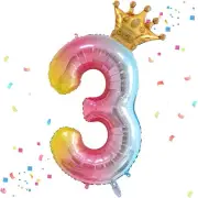 40 Inch Rainbow Gradient Number 3 and Mini Crown Balloon for 3nd Birthday Party