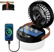 YoouDamy Solar Camping Fan with LED Light & USB Output, 4-in-1 Portable Rechargeable Fan for Camping, Emergency, Tent – Adjustable 3 Speeds, SOS Mode, Solar/USB/Type-C Charging (Black)