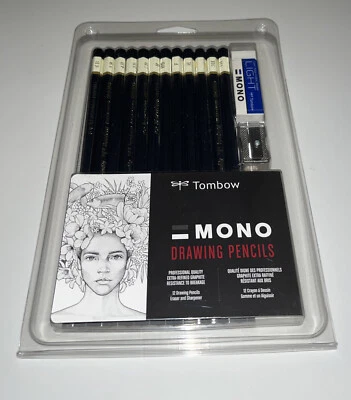 Tombow Mono 51523 Drawing Pencils 12 Pencil Assortment With Sharpener & Eraser