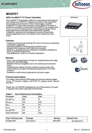 IPL60R105P7 60R105P7 Infineon MOSFET N-CH 600V 33A 4VSON