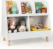 Costway Kids Bookshelf, 5-Cube Open Toy Storage Organizer with Solid Wood Support Legs, 2-Tier Bookcase Display Rack with Anti-tip Kit for Nursery, Playroom, Classroom, Bedroom, Natural