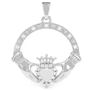 Opal Diamond Claddagh Pendant In 14k Solid Gold