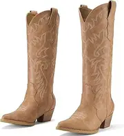 [Rollda] Cowboy Boots for Women Cowgirl Boots Embroidered Knee-High Western Boots Pointy Toe with Chunky Heel