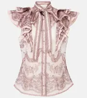 [Zimmermann] Zimmermann Crush embroidered ruffled linen and silk top AU 6 pink