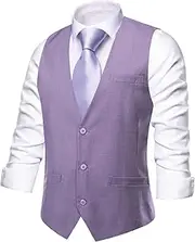 [Hi-Tie] Mens Plaid Solid V-Neck Suit Vest Slim Fit Waistcoat 3 Pockets Formal Casual Tuxedo for Wedding or Business
